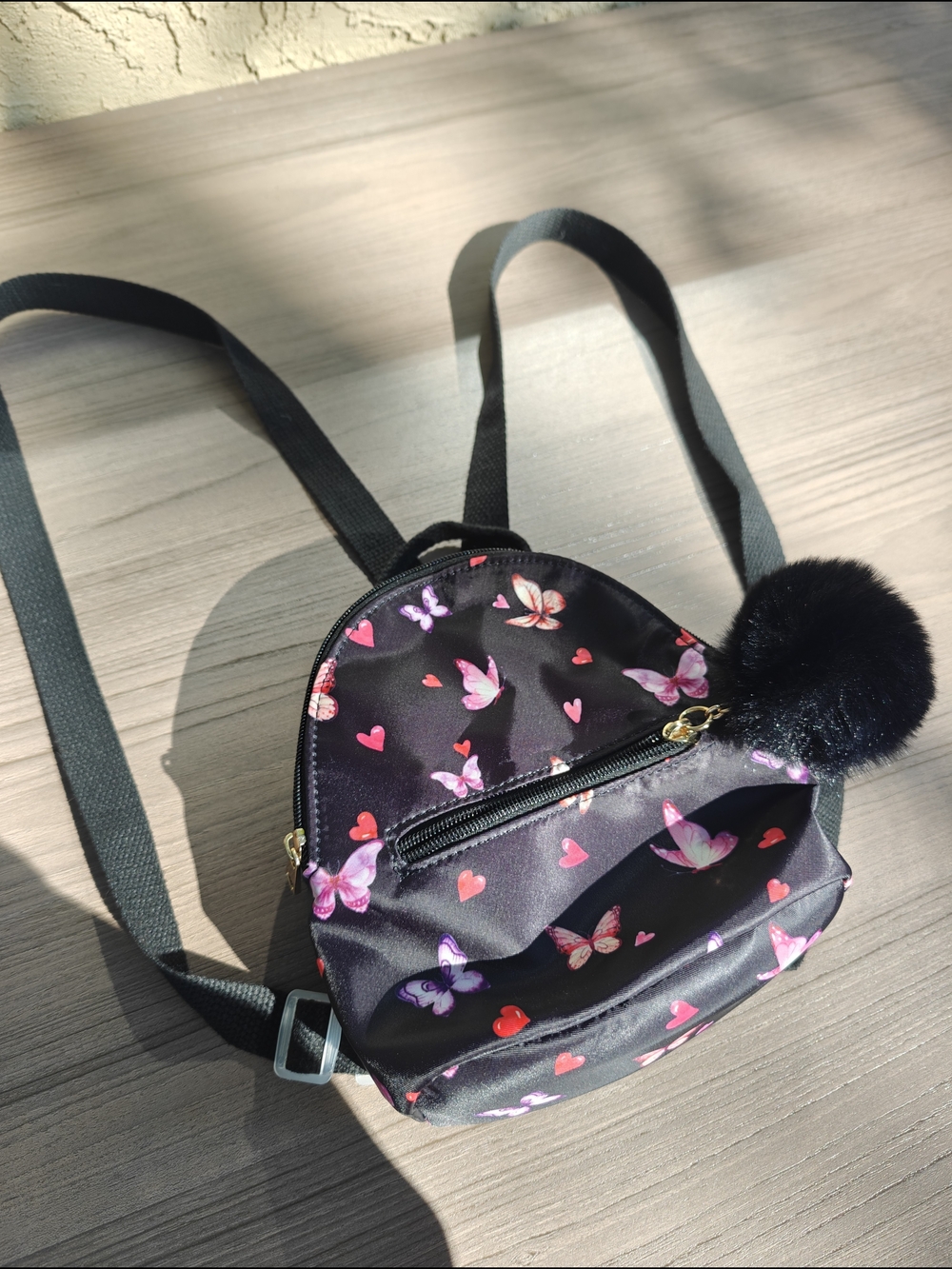 Black Butterfly Heart Mini Backpack with Pom Pom
